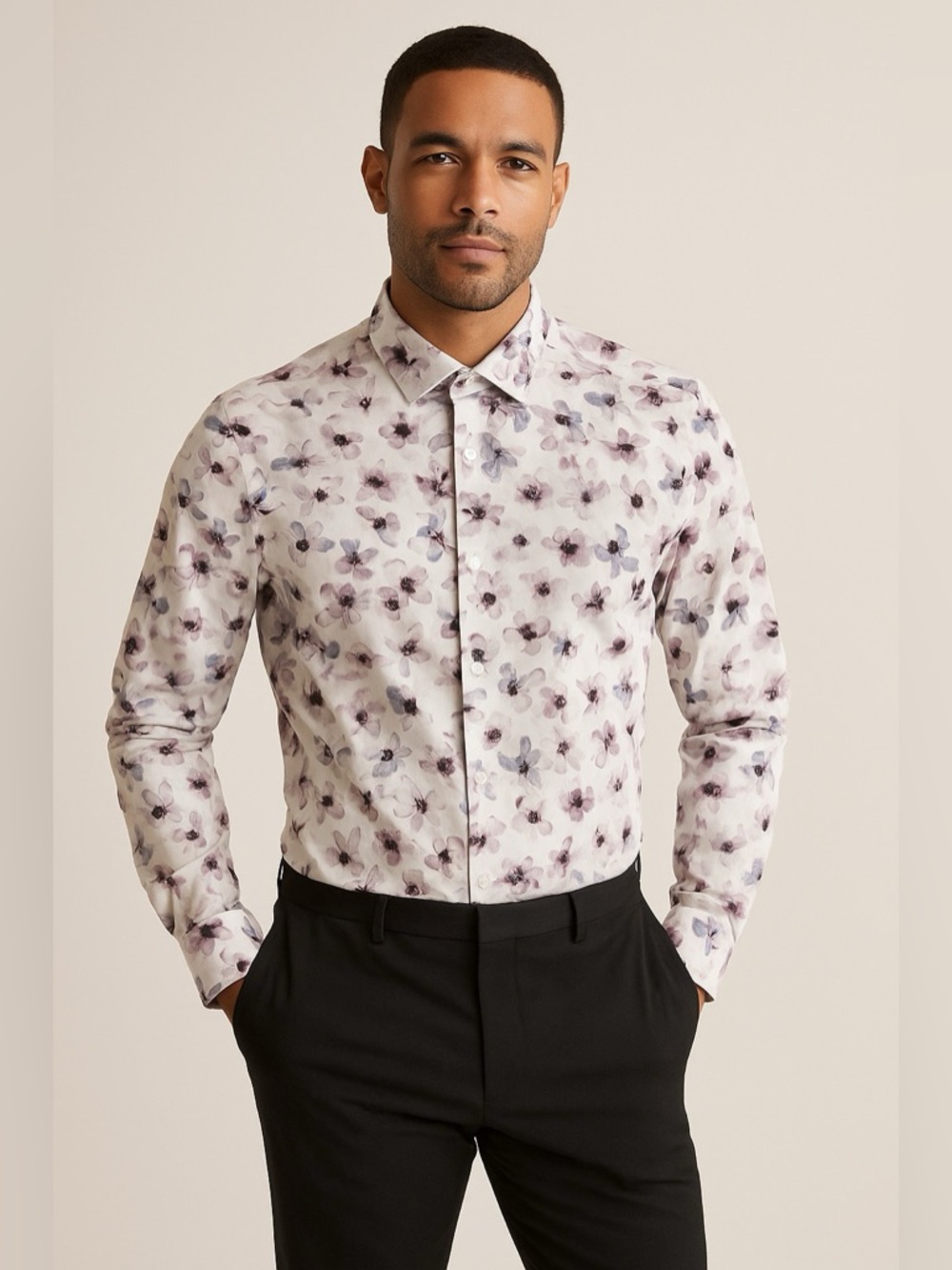 RW&CO. White Floral Dress Shirt with Purple and Blue Accents
